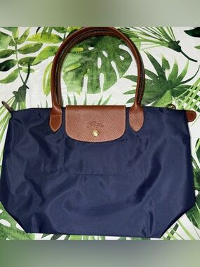 Longchamp Le Pliage Medium Tote Navy Blue Brown Leather New